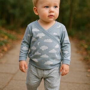 Hanna Andersson Boys Pajamas Sz 90 3 Blue Clouds Stars Moon Wrap Style Top Pants